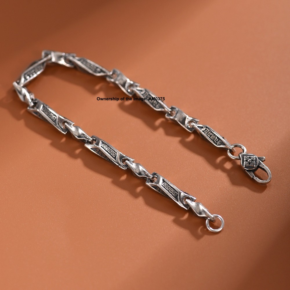 Pure 925 Sterling Silver Bracelet Engraved Six-Word Mantra Twisted Tube Design