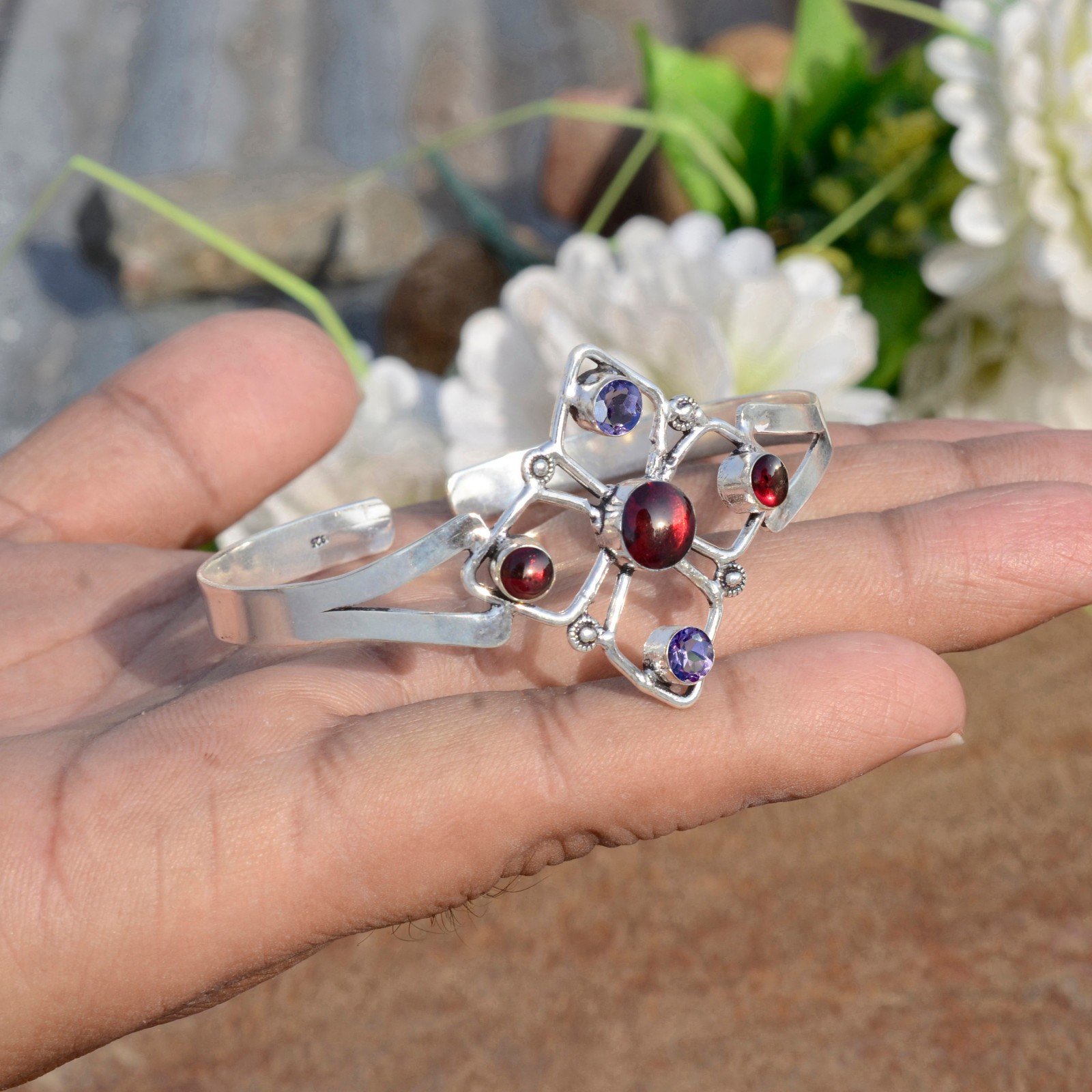 Mozambique Garnet Amethyst Cut Gemstone 925 Sterling Silver Stylish Bangle Cuff