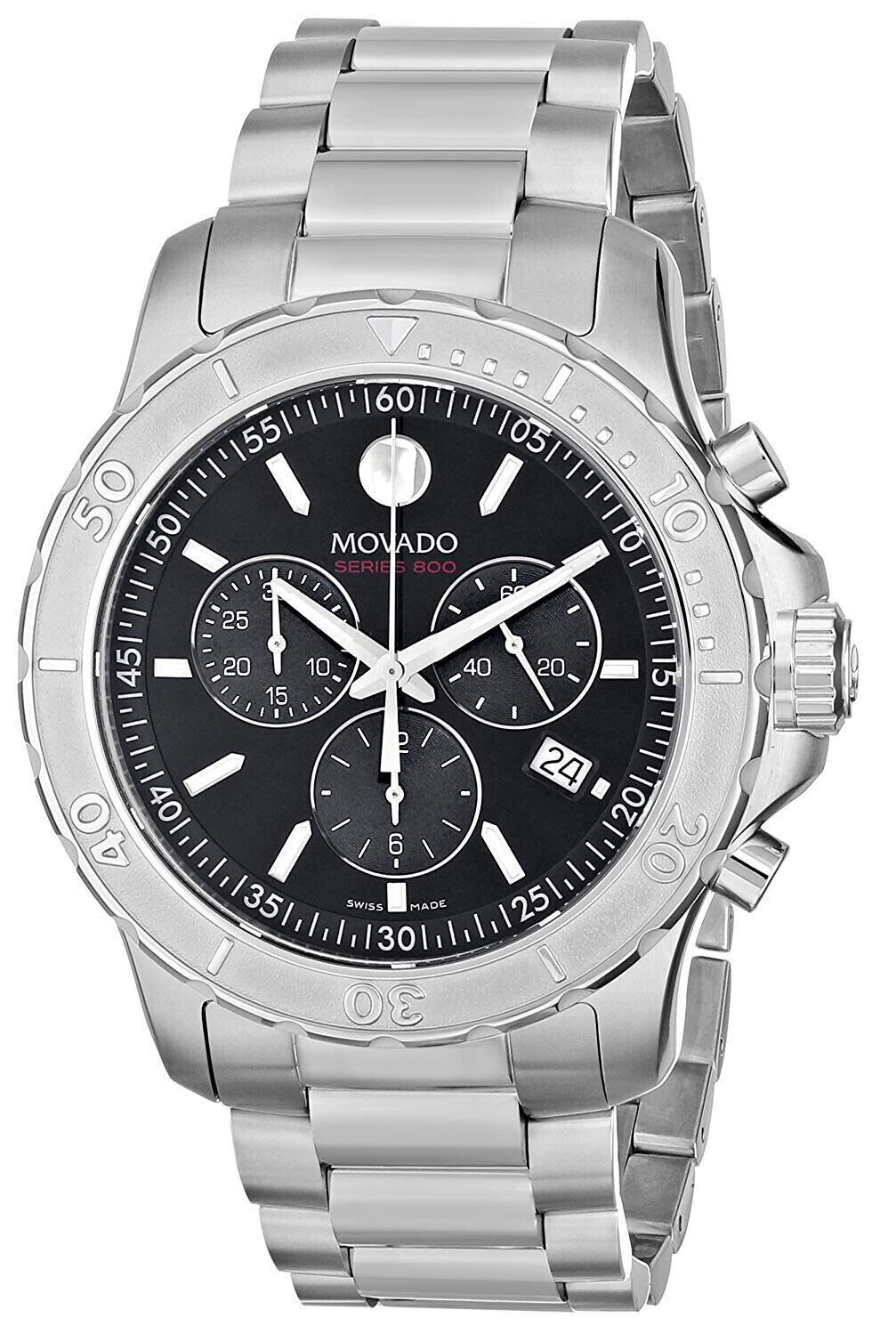 New Movado Series 800 Chronograph Black Dial Steel 2600110 Mens Swiss 42mm Watch