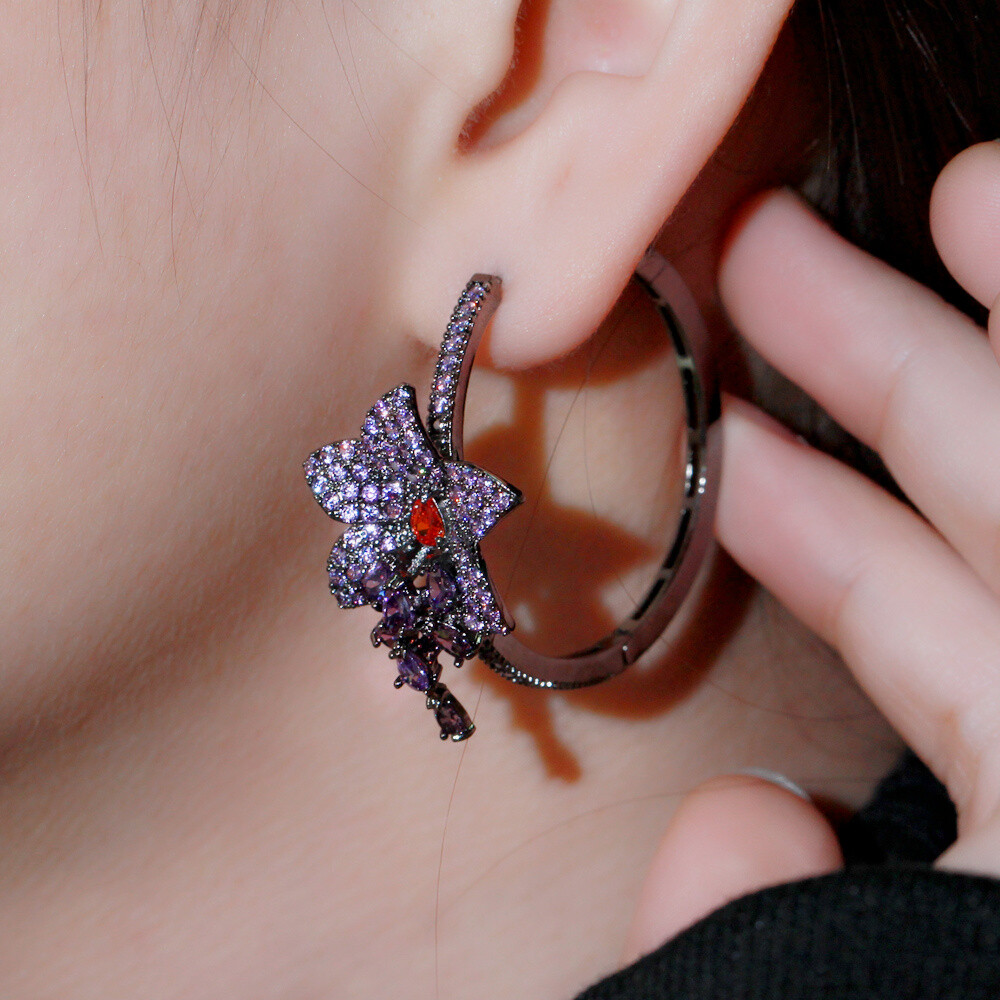 Black Gold Plated Purple CZ Large Round Dangle Drop Tassel Flower Hoop Earrings