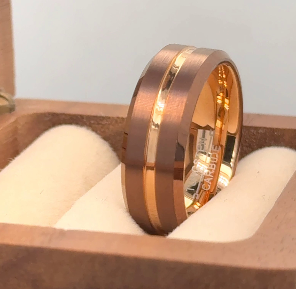 Brown Brushed Finish Center Men’s Wedding Ring Rose Gold IP Plated Tungsten Ring