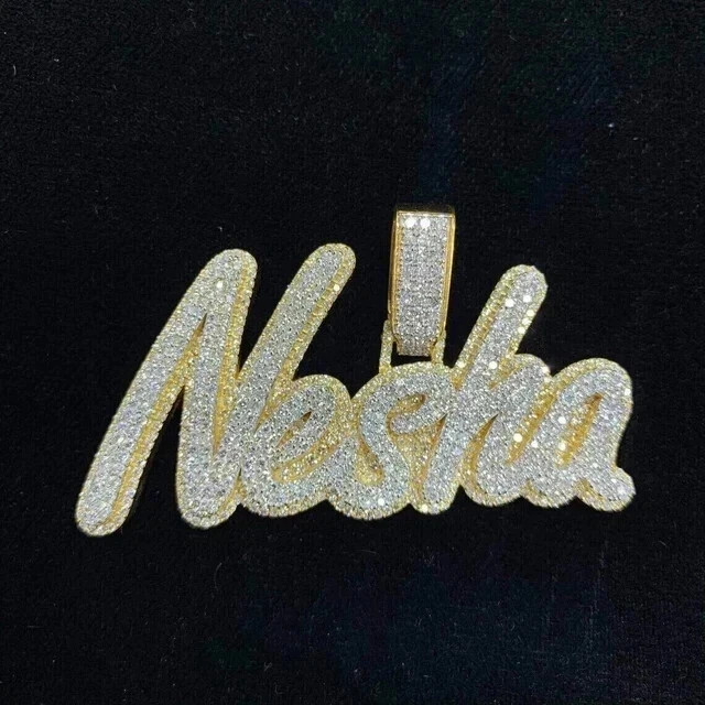 2.30 Ct Round Cut Real Moissanite Custom Name Pendant 14K Yellow Gold Plated