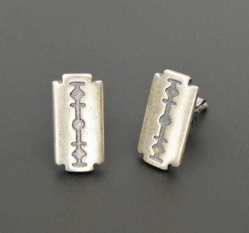 Handmade Sterling Silver Nice Detail Tiny Razer Blade Stud Post Earrings Unique