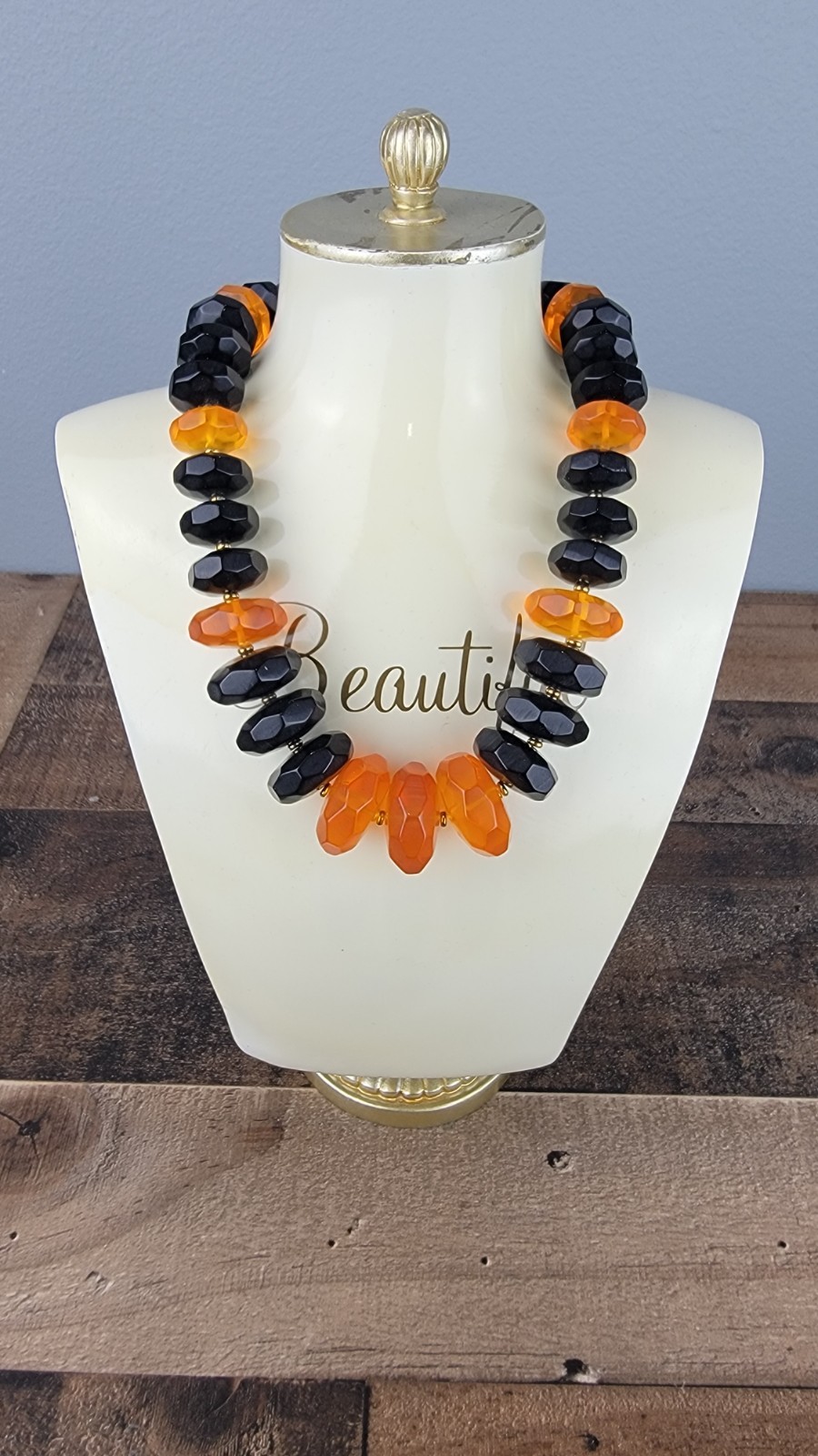 Vintage Acrylic Lucite Necklace Orange Black Chunky Statement Magnetic Clasp