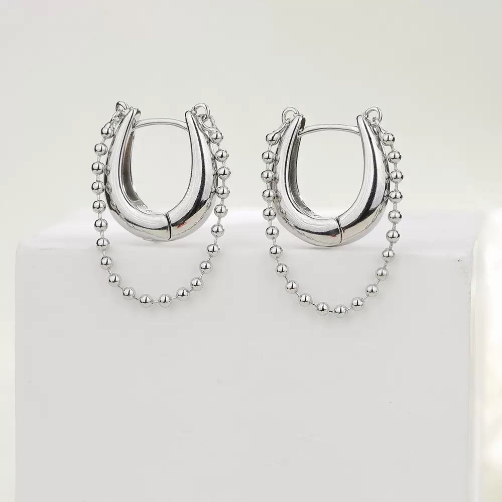 925 Silver Ball Chain Huggie Hoop Earrings Dainty Chunky Chain Drop Hoop D34