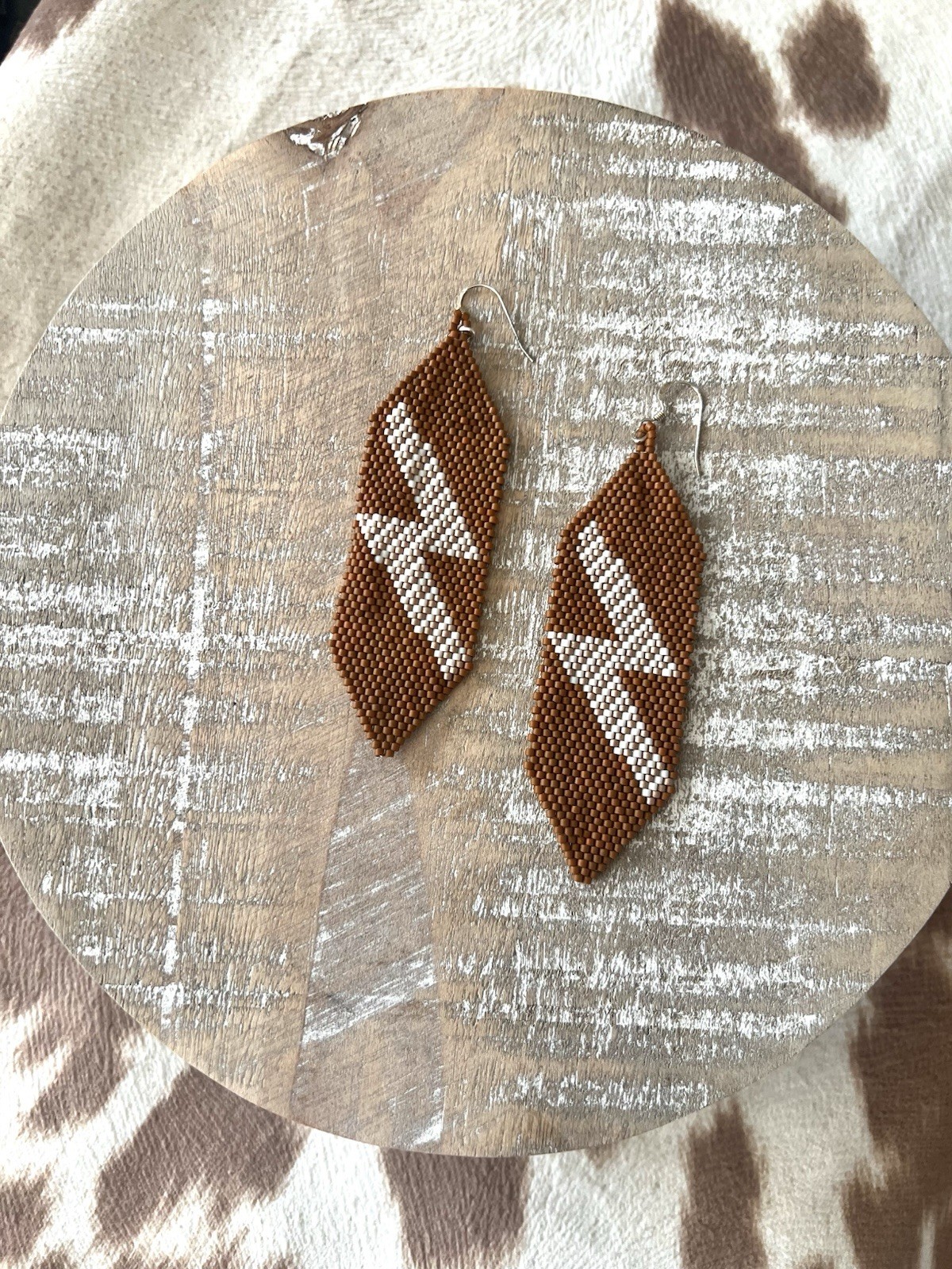 Brown White Bolt Beaded Glass Drop Earrings Hook Closure