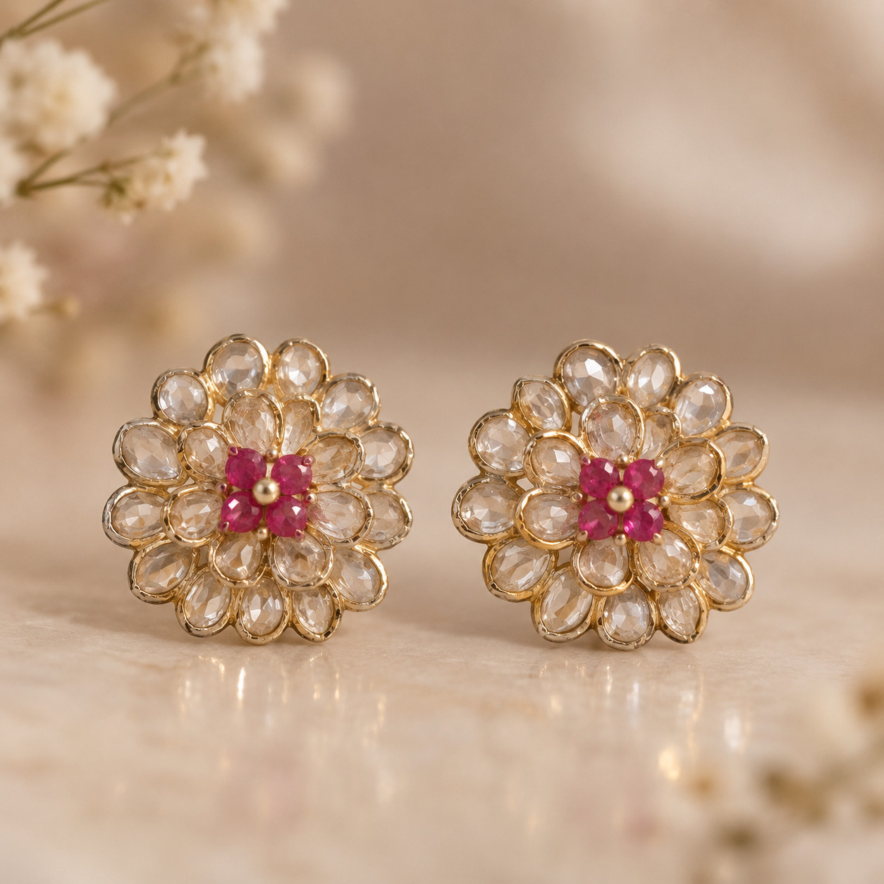 Polki Floral Stud Earrings Pink Tourmaline Gold Plated Indian Wedding Gift