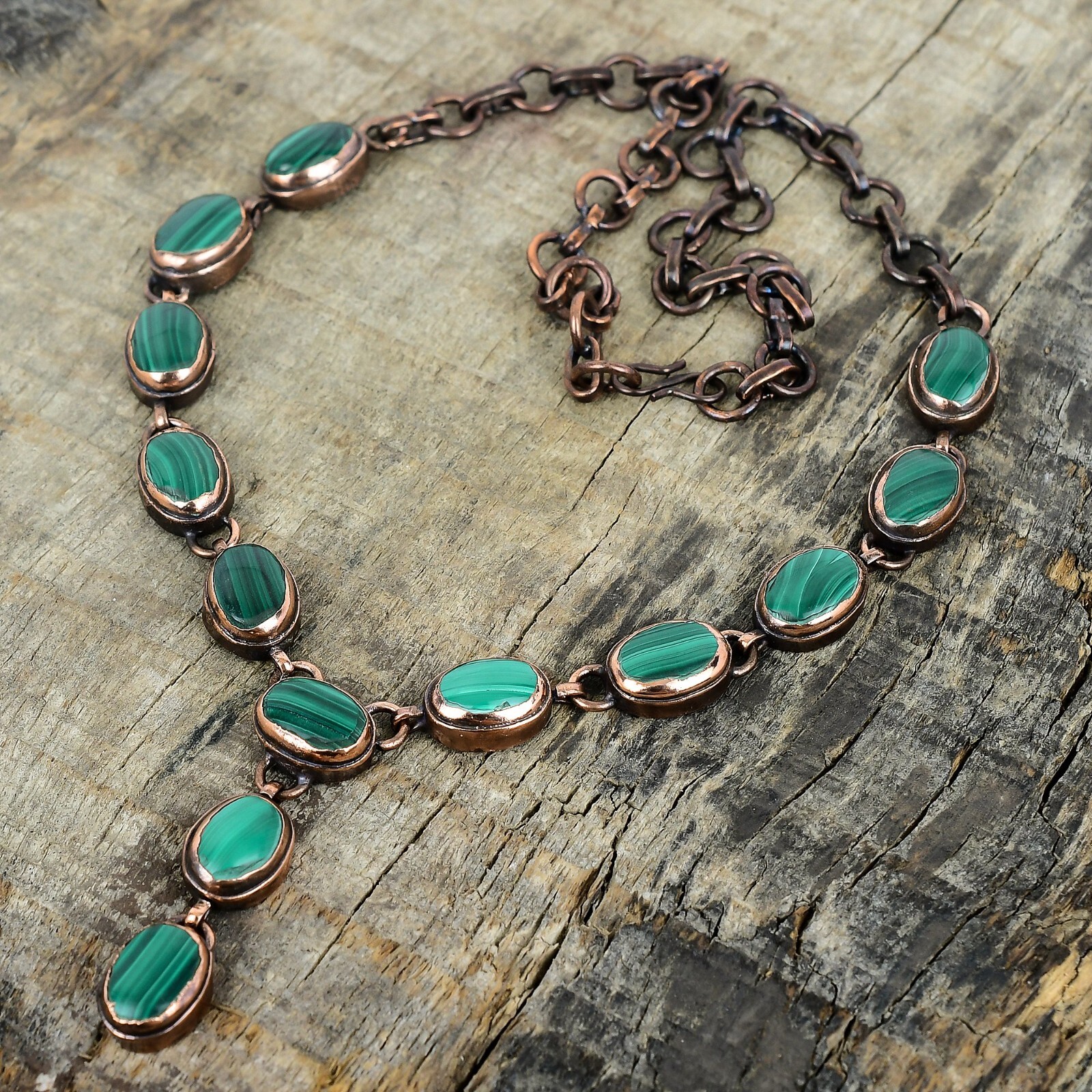 Valentines Sale Copper Malachite Gemstone Chain Electroformed Necklace Jewelry