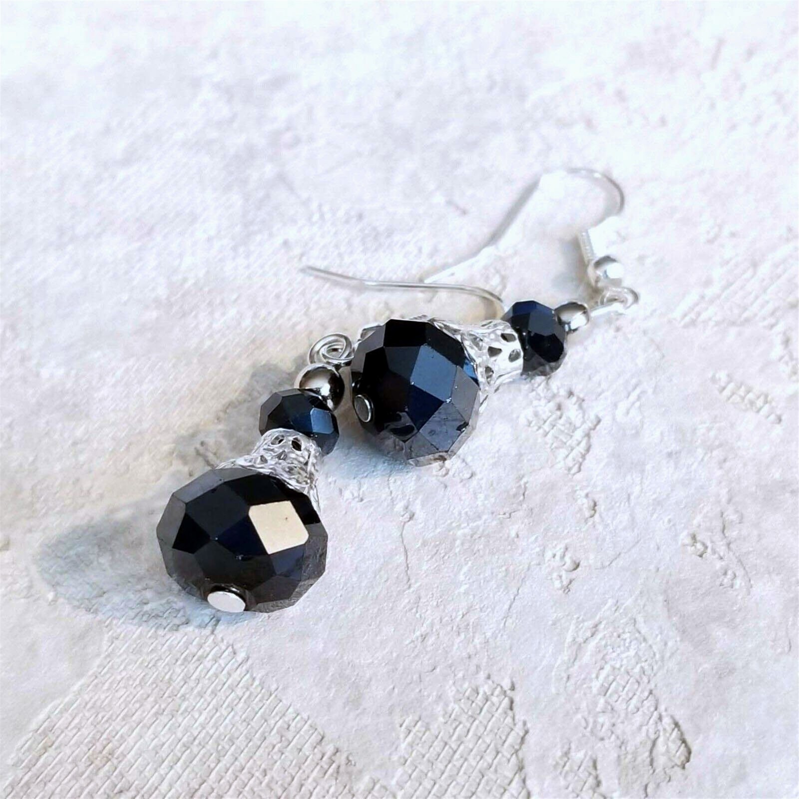Victorian Black Crystal Silver Filigree Basket Handcrafted Earrings
