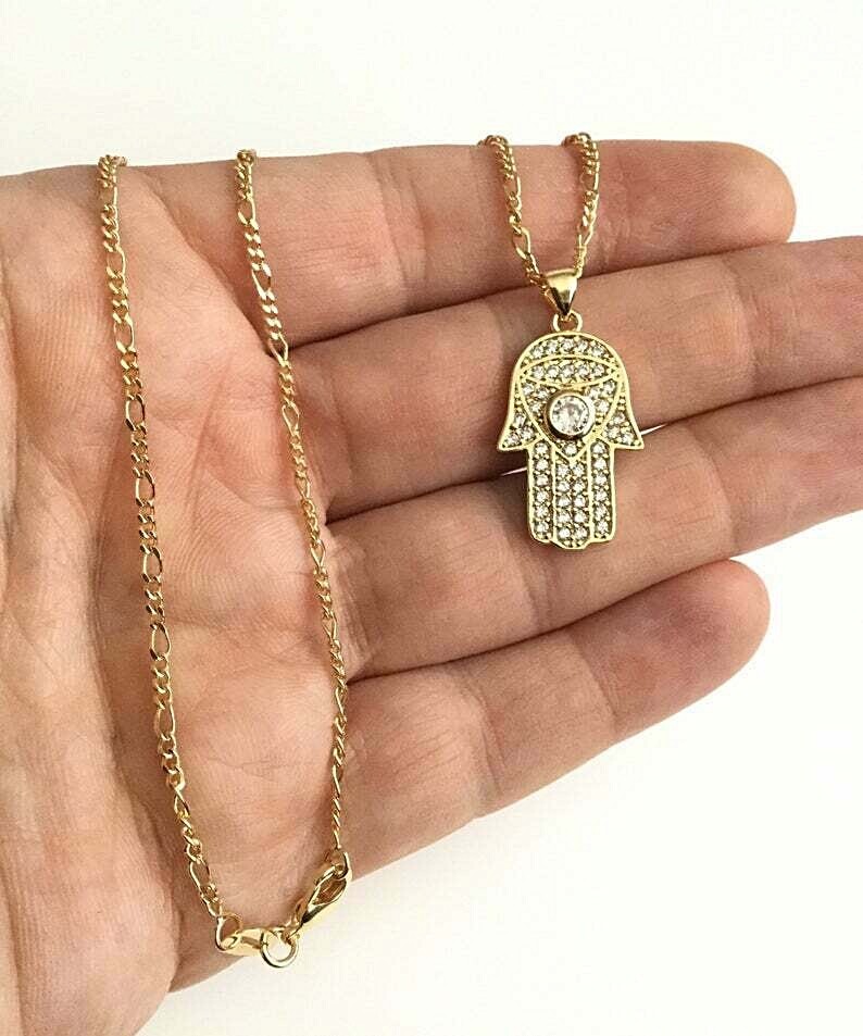 18K Gold Filled Hamsa Hand Luck Protection Necklace 18″ long/Cadena mano – P40-1