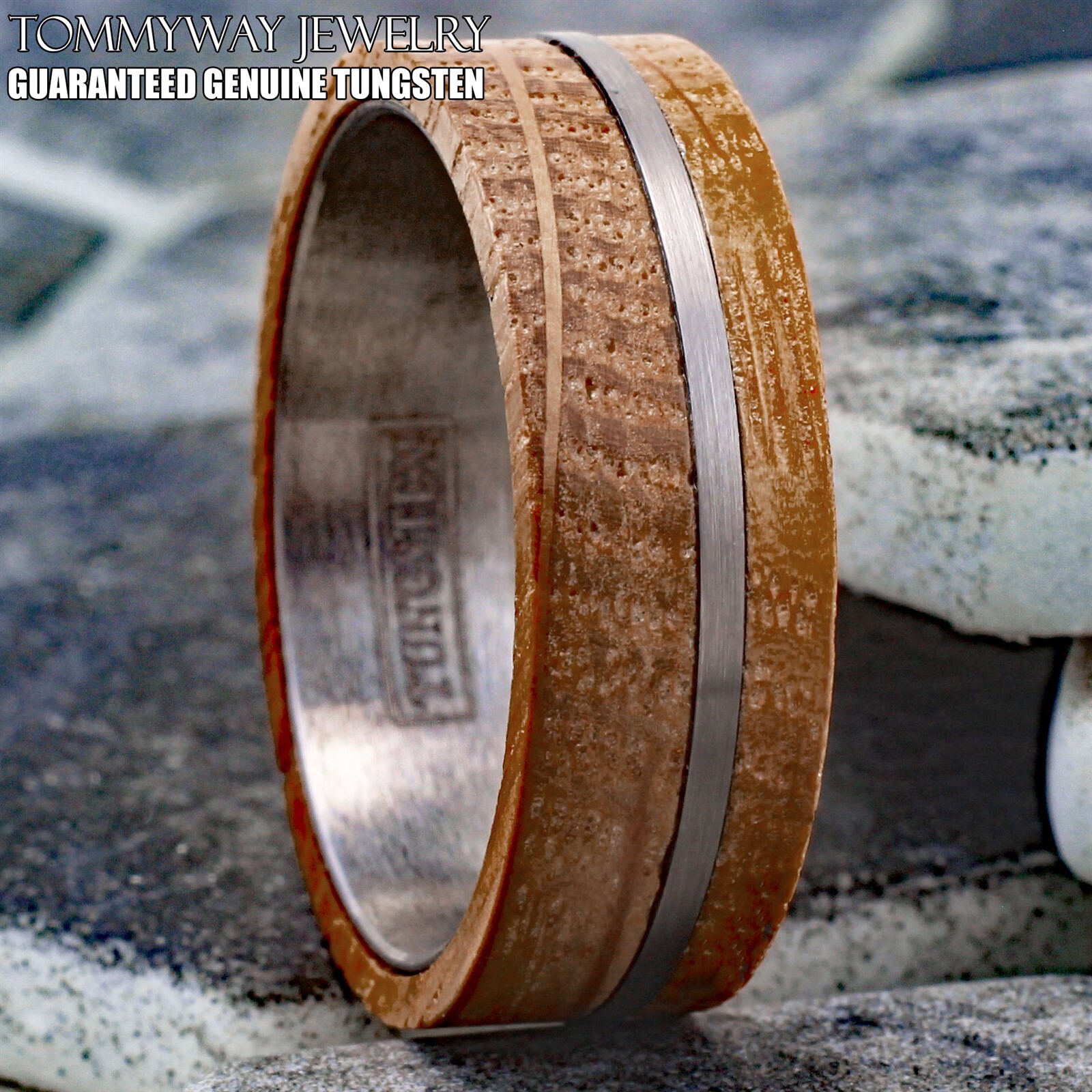 8mm Whiskey Barrel Wood w/ Offset Mens Tungsten Carbide Stripe Wedding Band Ring