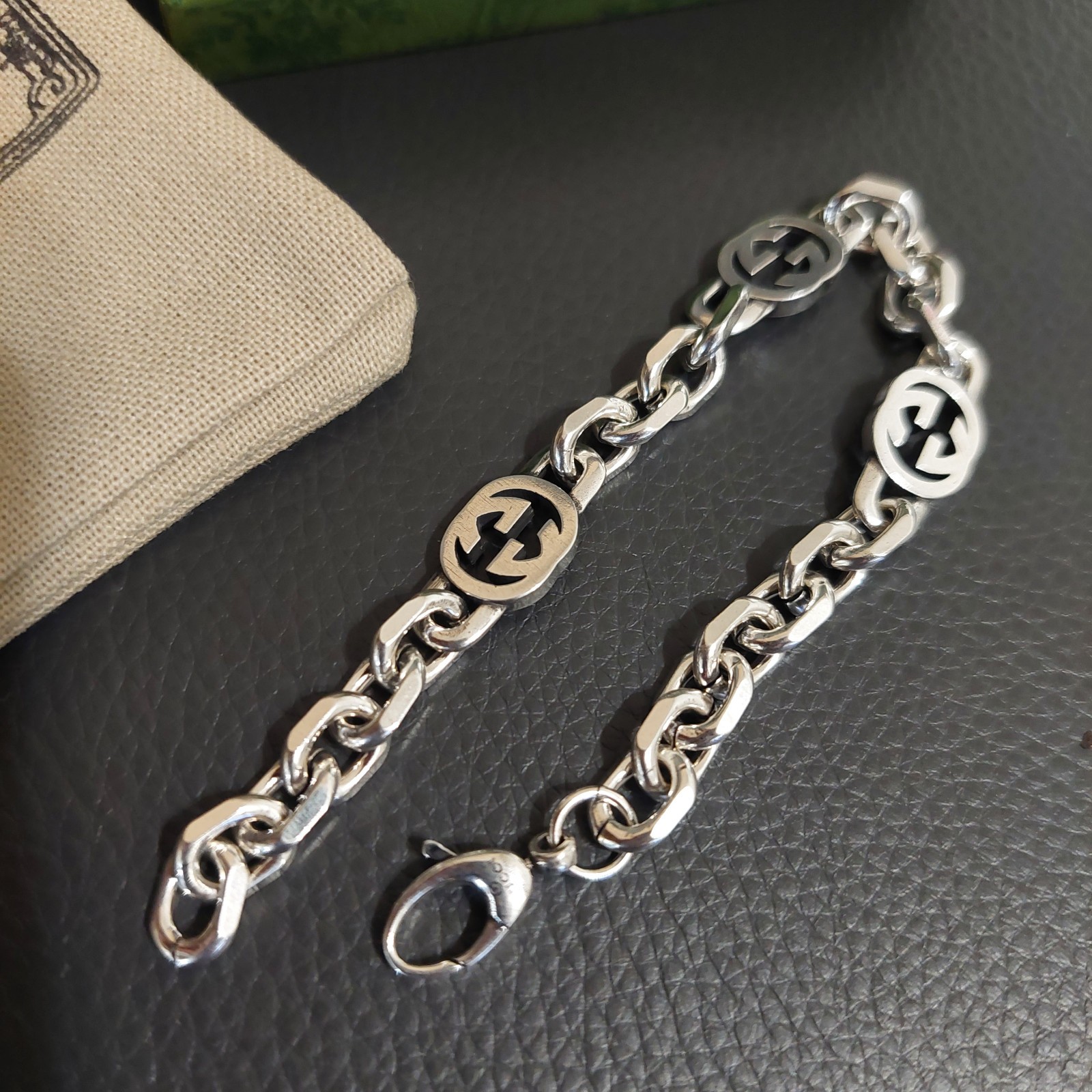 Gucci 925 Silver GG Oval Link Chain 18 Bracelet 7″