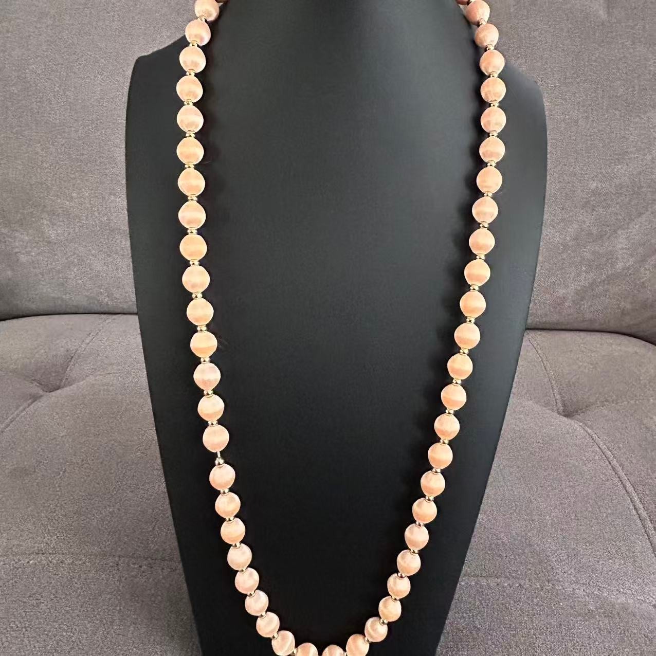 Vintage Peach Pink Silk Satin Thread Wrapped Bead Single Strand Necklace 30″
