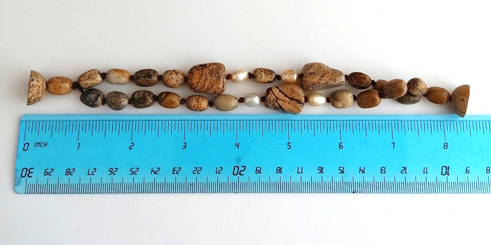 Jasper Stone Freshwater Pearl Bracelet 2 Strands Knotted Magnetic Clasp 8.5”