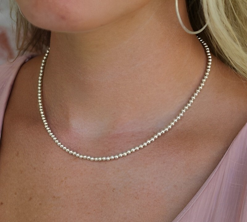 Italian Solid Sterling Silver Beaded Ball Chain Necklace 925 Silver Chain Choker
