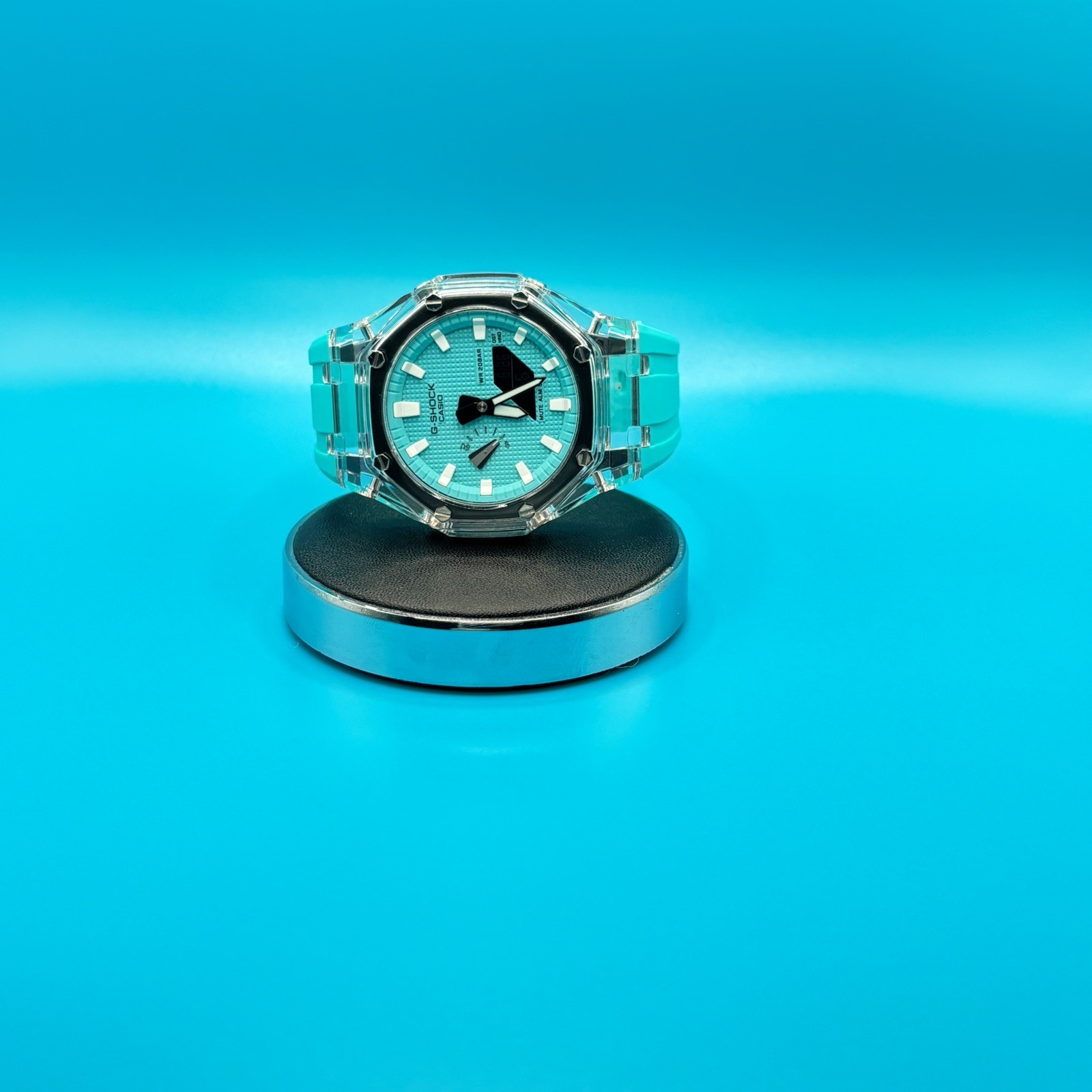Custom GA-2100 Octagonal Watch Clear Case Sky Blue Dial Casio G-SHOCK Pool Blue