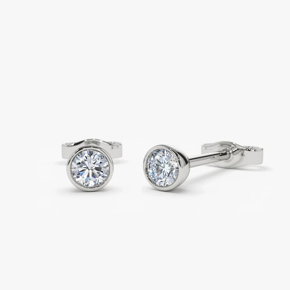 Round Cut H-I/SI Clarity Natural Diamond 14K Gold Bezel Set Stud Helix Earrings