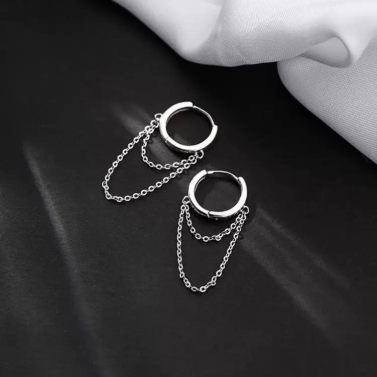 925 Silver Chain Huggie Hoop Earrings Dangle Double Chain Drop Earrings 087