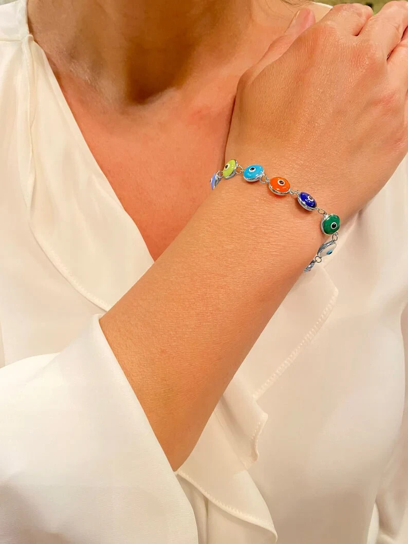 Solid 925 Sterling Silver 10MM Multi-Color Crystal Evil Eye Bracelet – 7.5″