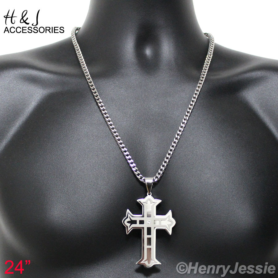 24″30″36″MEN’s Stainless Steel 4mm Silver Franco Box Chain CZ Cross Pendant*PL5