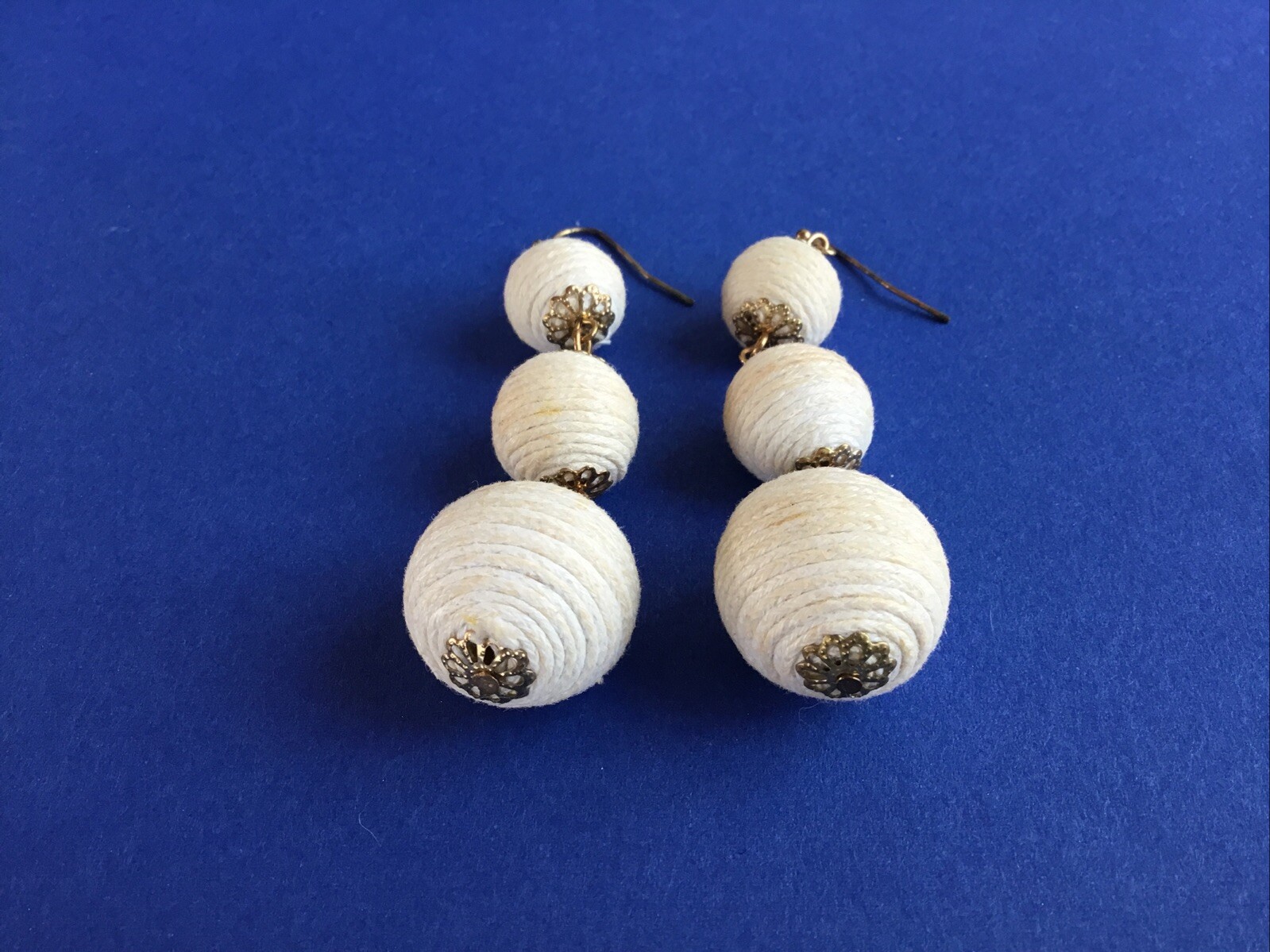 Vintage Boho White Cotton Cord Dangle Hook Ball Earrings 2 1/2″ drop