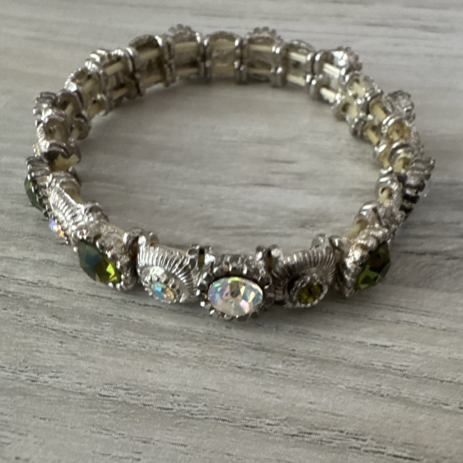 Silver Tone Stretch Tennis Bracelet Green & Clear Round Crystal Rhinestones