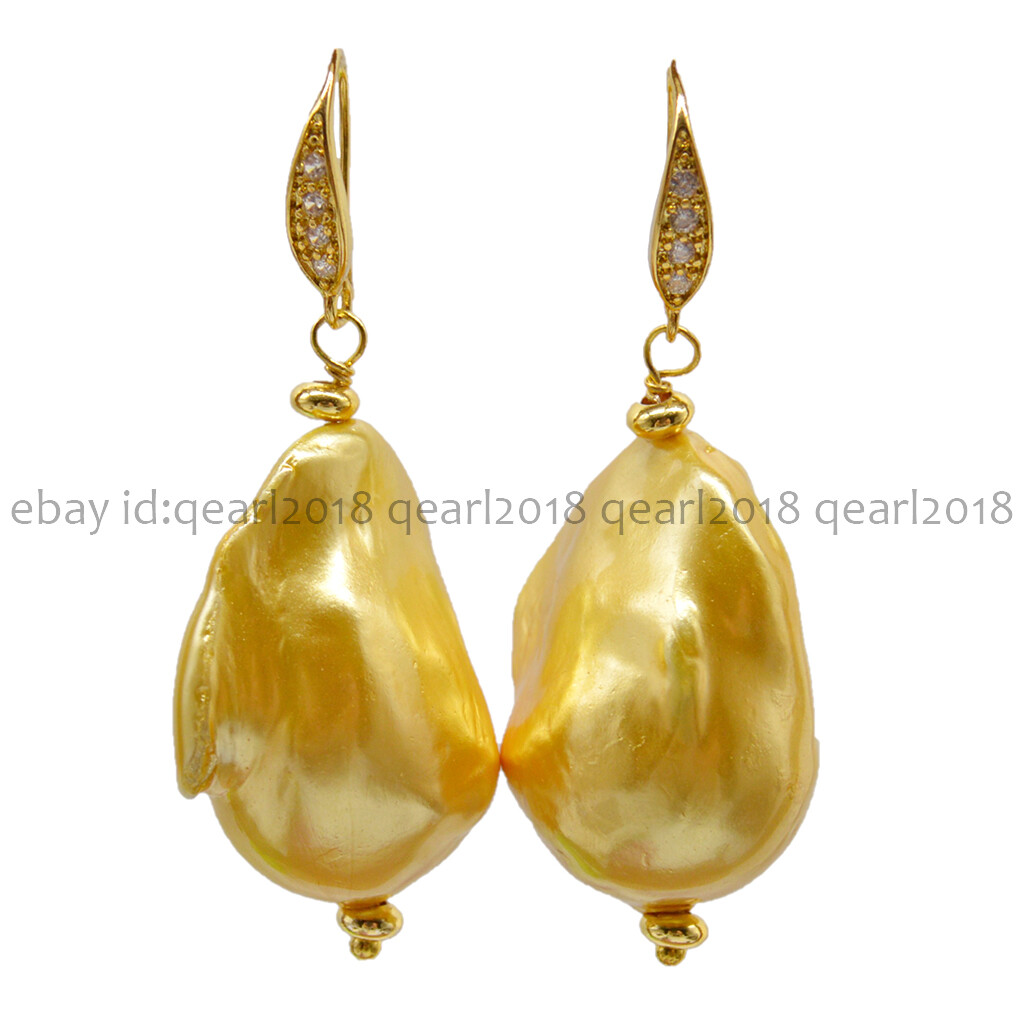 HUGE 14-19MM GOLD NATURAL SOUTH SEA REBORN BAROQUE PEARL DANGLE EARRINGS
