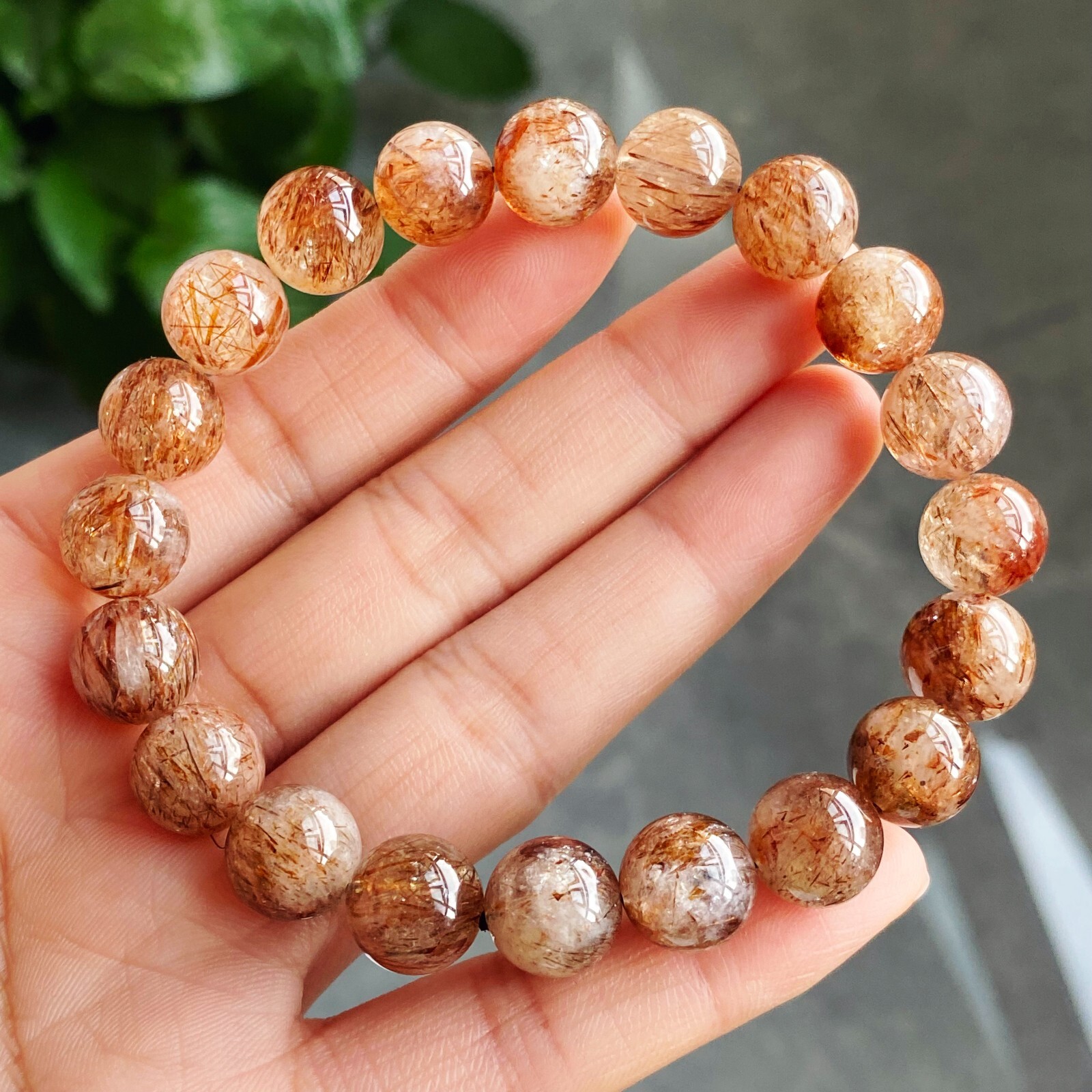 10.5mm Natural Red Copper Quartz Crystal Beads Bracelet 7.9 inch B850