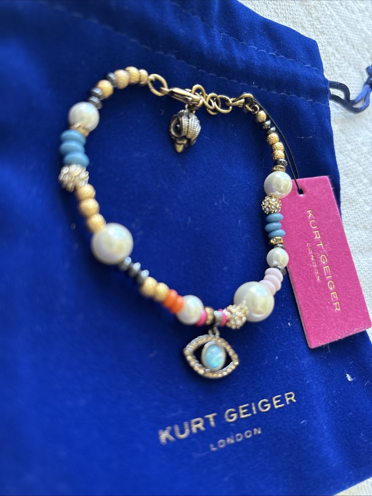 Kurt Geiger LondonBoho Evil Eye Charm Pearl Strand Line Bracelet Multi Color New