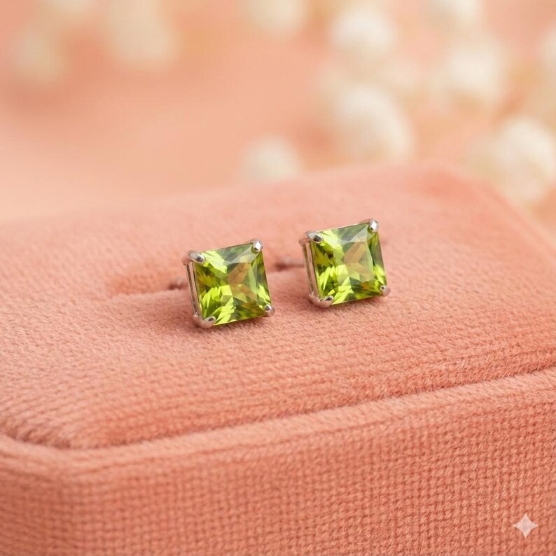 Green Square Stud Earrings | 925 Sterling Silver, Minimalist