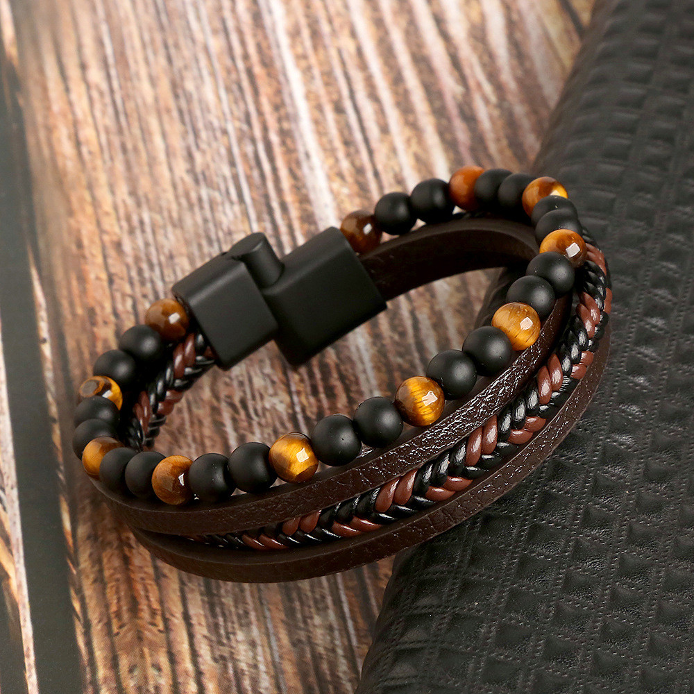 Men’s Layered Braided Leather Beaded Bracelet With Tiger Eye, Natural Stone