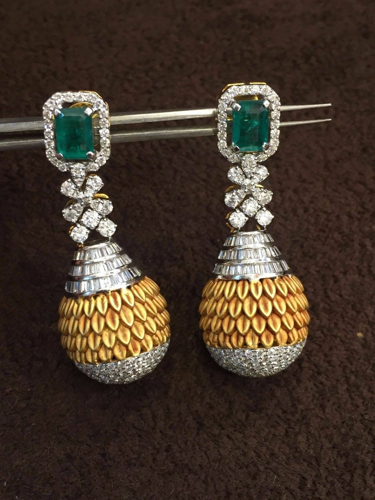Elegant 6.30 Cts Round Baguette Shape Diamond Emerald Dangle Earrings 14K Gold