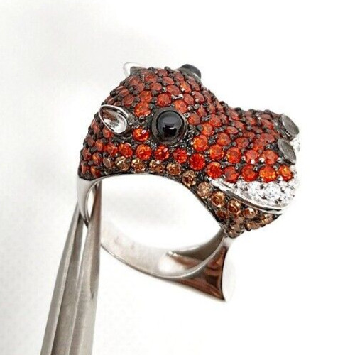 Ring 925 STERLING SILVER orange sapphire simulated hippo wide animal CZ Size 8