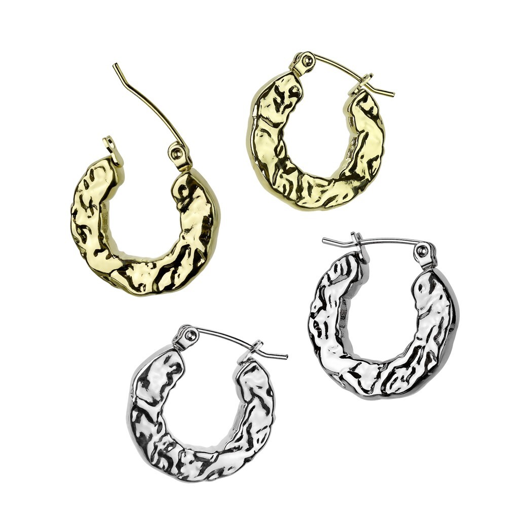 Hammered Hoop Earrings Gold PVD or Silver Hypoallergenic Surgical Steel Heavy