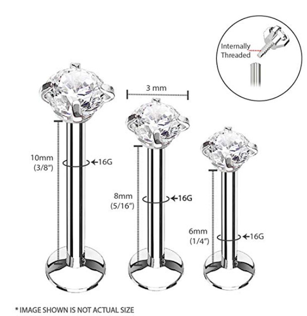 50PCS Round CZ Labret Lip Piercing Monroe Bar Ear Helix Tragus Cartilage 16G