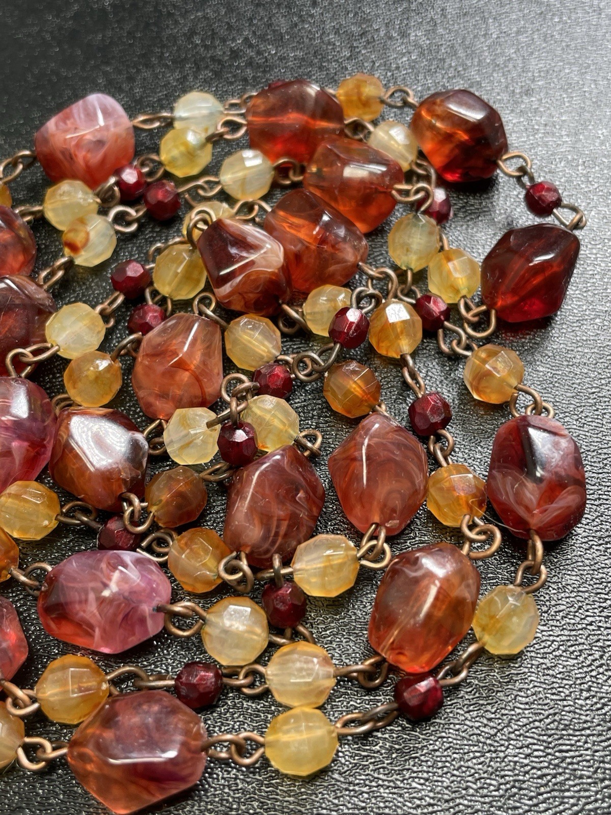 Vintage 48” Red & Orange Chunky Lucite Beaded Chain Necklace