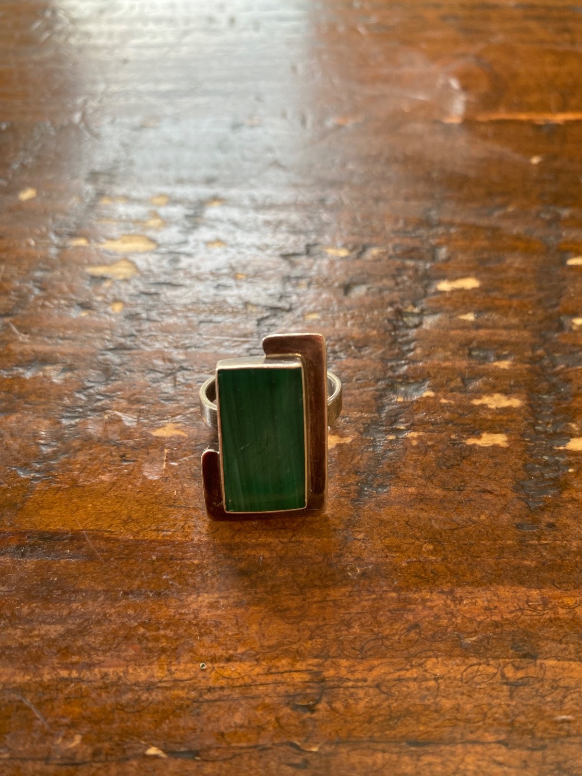 Vintage Sterling Silver, Asymmetrical Ring with Green Stone, 7
