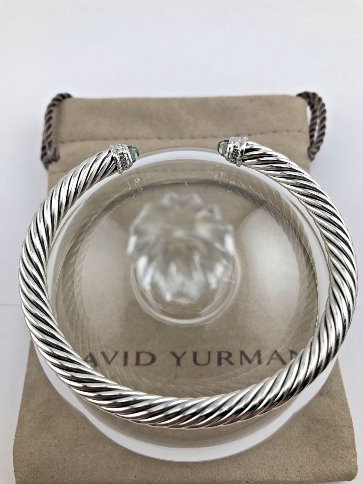 David Sterling Silver 5mm Cable Prasiolite & Diamond Bracelet