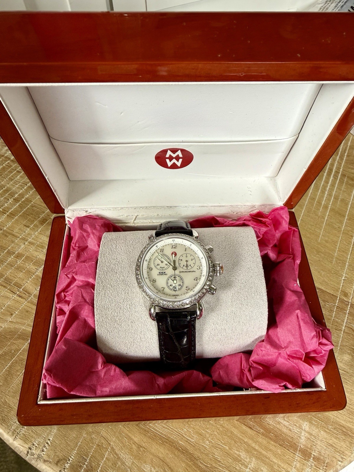 Michele CSX Diamond Chronograph Date White Dial 33mm Black Leather 5 ATM
