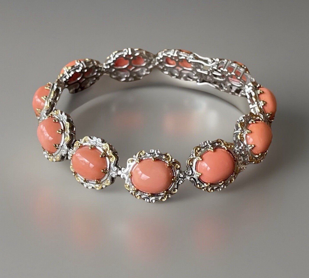 Bamboo Coral Tennis Bracelet 925 Sterling Silver & Gold Plating Beautiful
