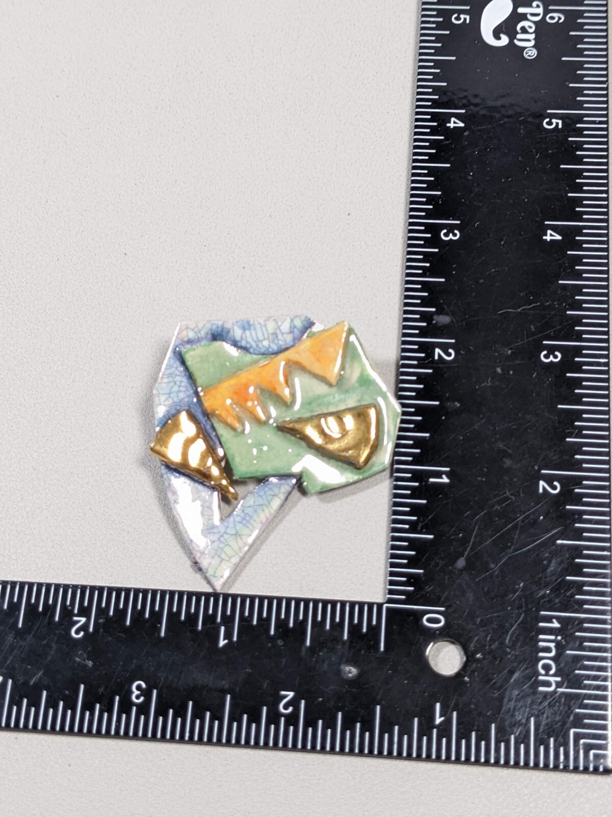 Blue Green Gold Tone Abstract Ceramic Pin Brooch