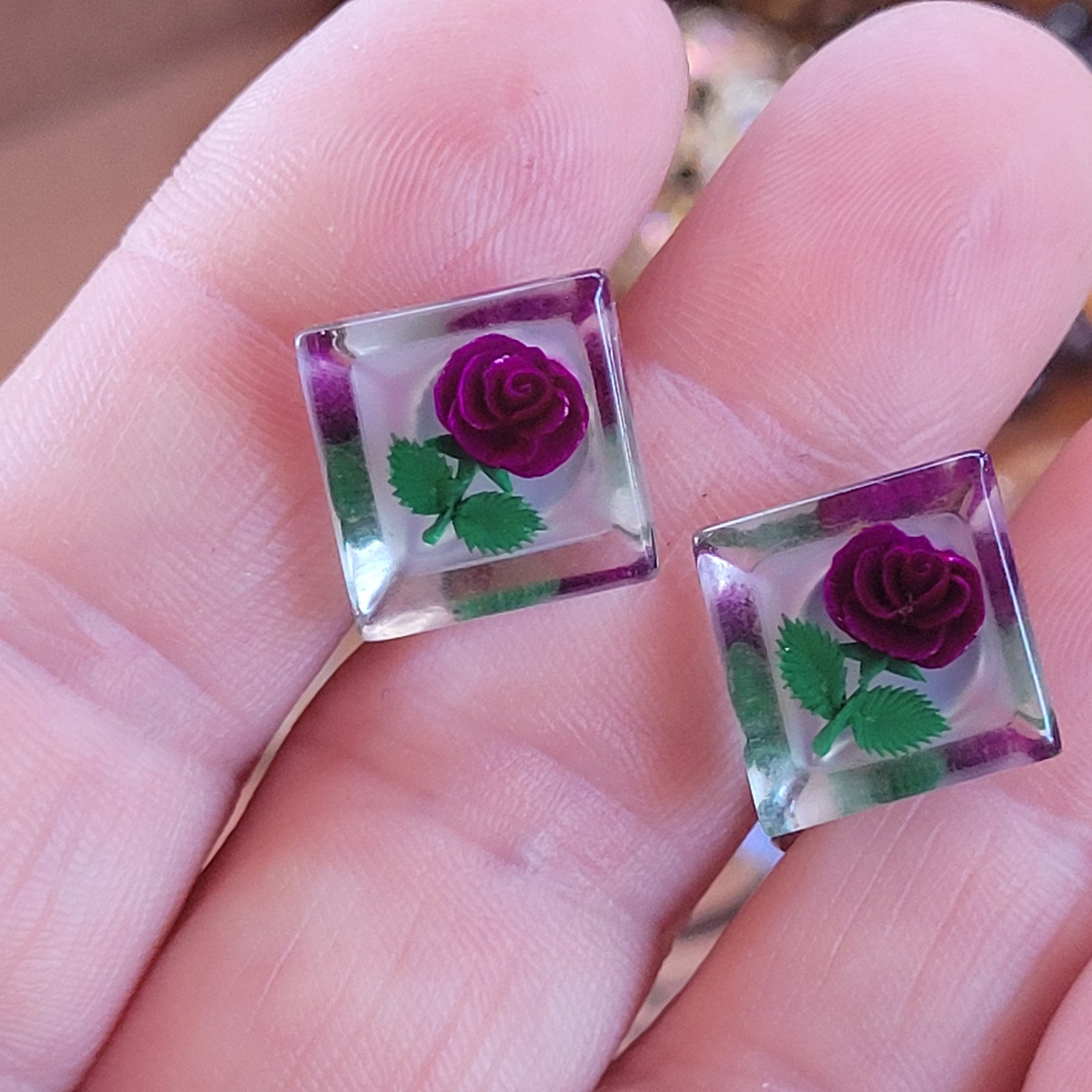 1960s Acrylic Lucite Earrings Purple Rose