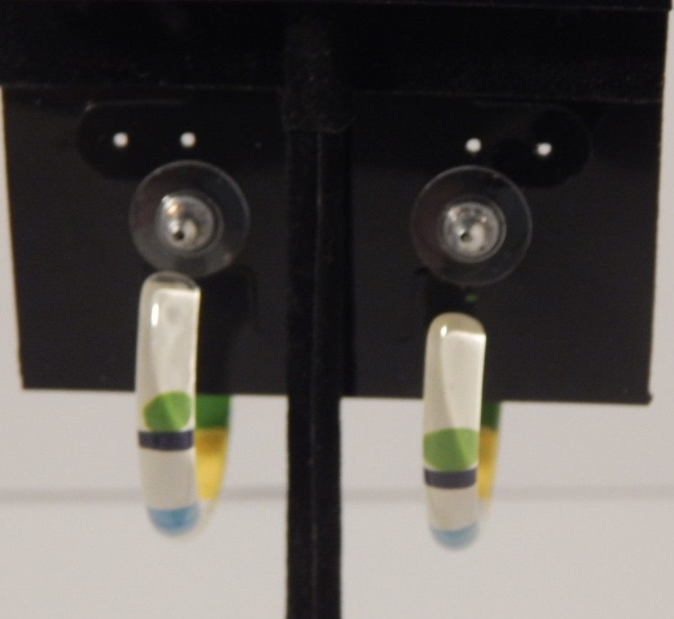 Vtg Retro Lucite Acrylic Geometric Print Hoop Earrings Multicolor Unique 1.5″ D