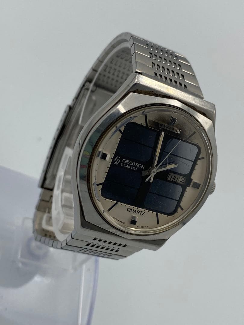 Junk Not Working CITIZEN Crystron Solar Cell Quartz White Dial 1976 Stainless