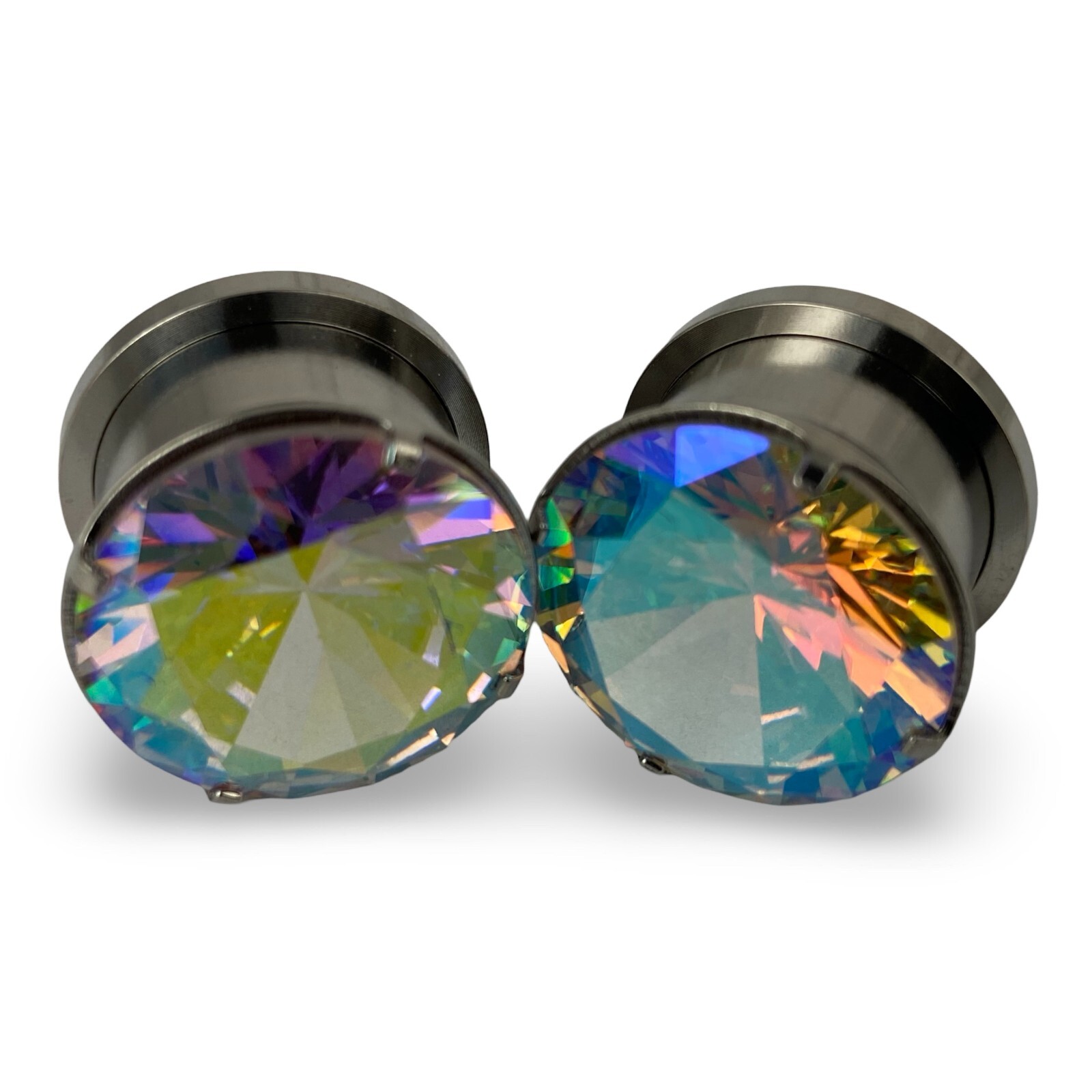 Pair 316L Steel Screw on Plugs with Prong Set Multicolored CZ (PS-148) gauges