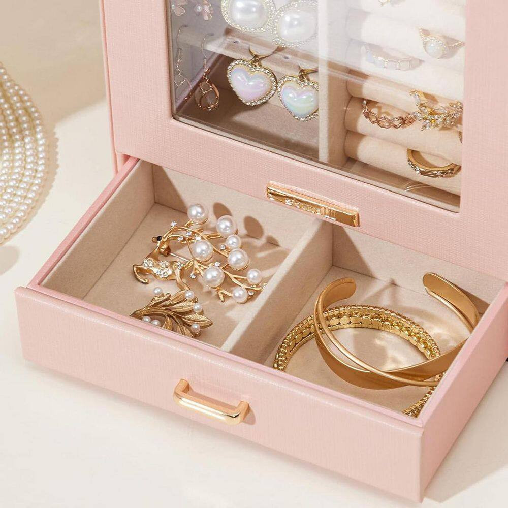 Peach Pink 7 In. X 9 In. Polyurethane Modern Jewelry Box with 3-Drawers