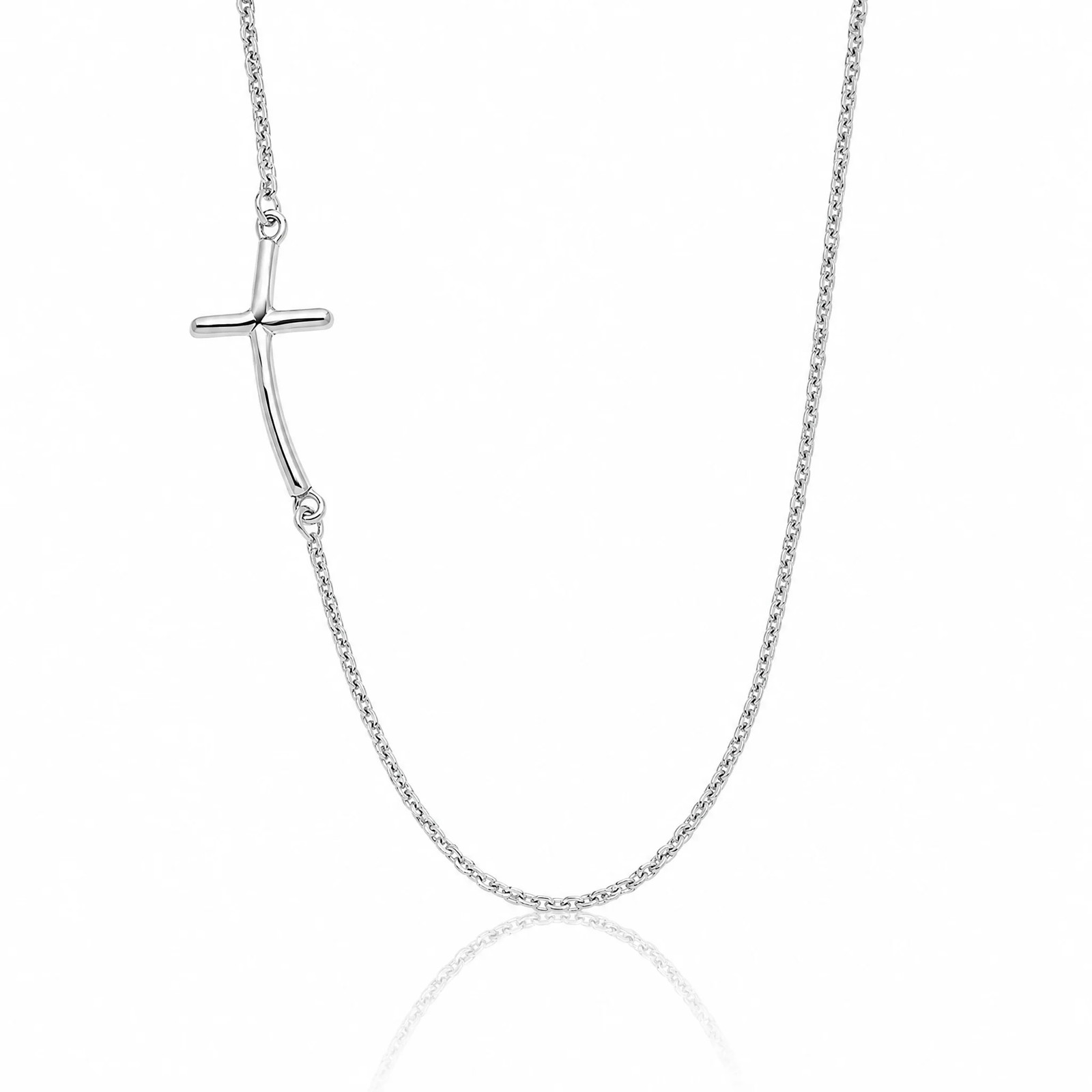 Sterling Silver Rh-Plated Small Off-Set Sideways Curved Cross Necklace