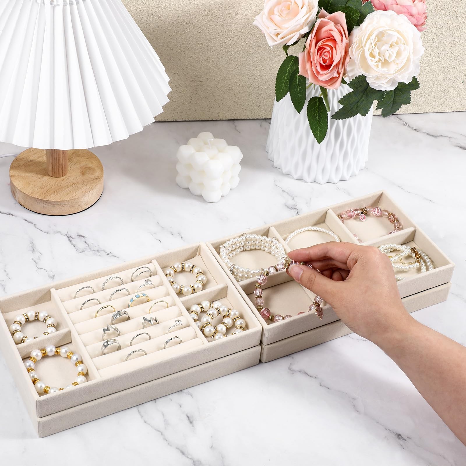 Oqqlin 4 Pcs Stackable Jewelry Organizer Trays, 8 x 5 x 1 Inch Velvet Beige