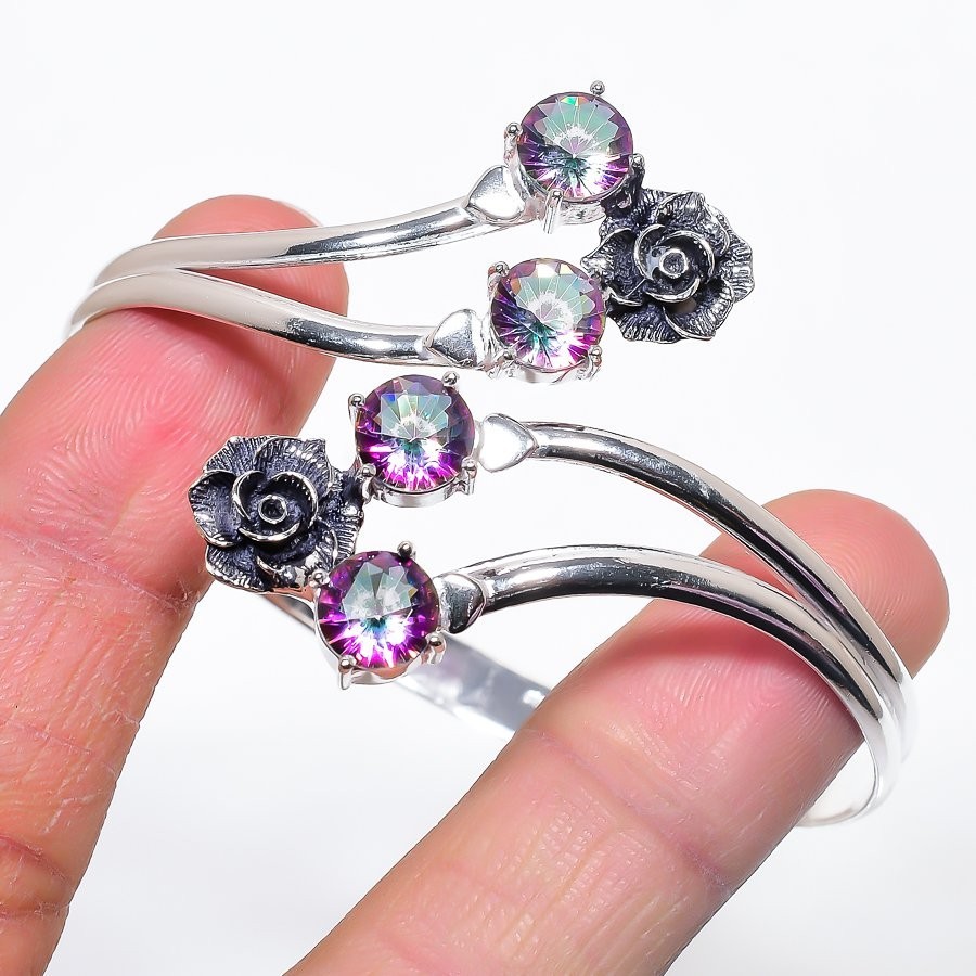 Mystic Topaz Gemstone 925 Sterling Silver Jewelry Cuff Bracelet Adjustable