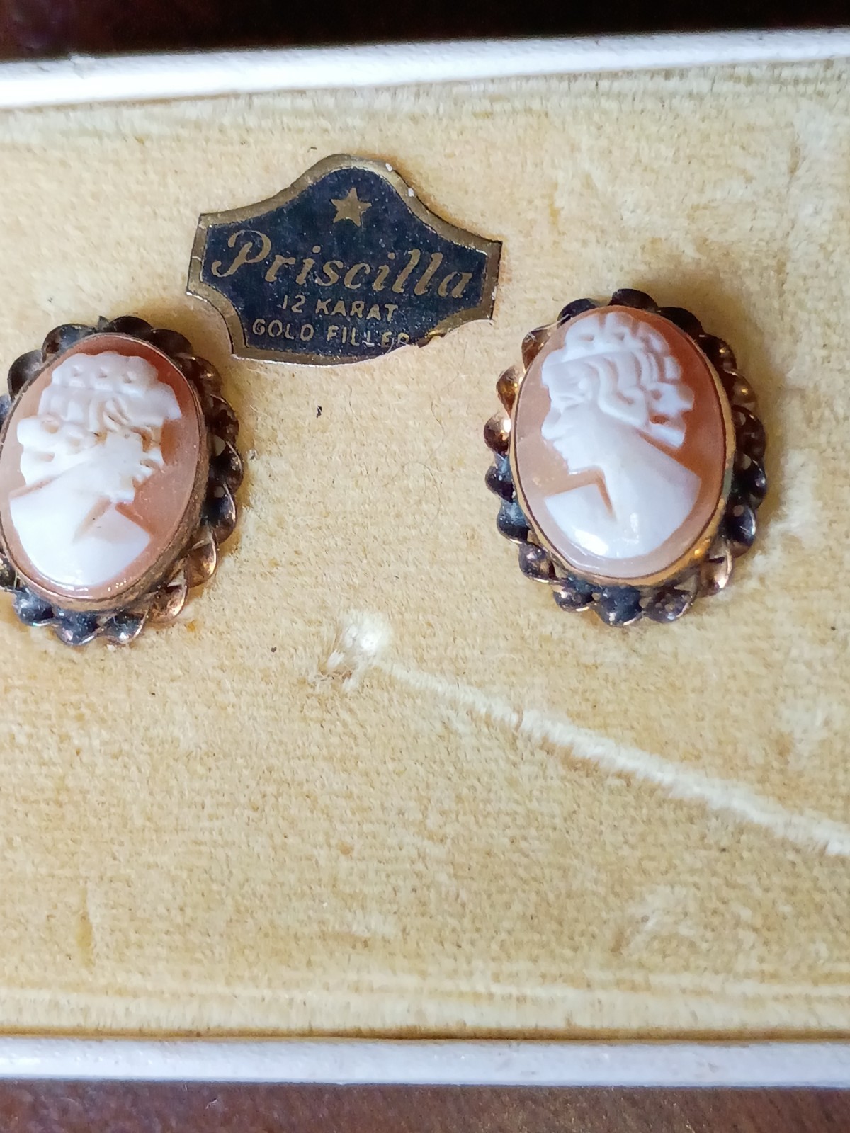 Priscilla Signed 12k Gold Filled Oval White Cameo Stud Earrings Screw Back